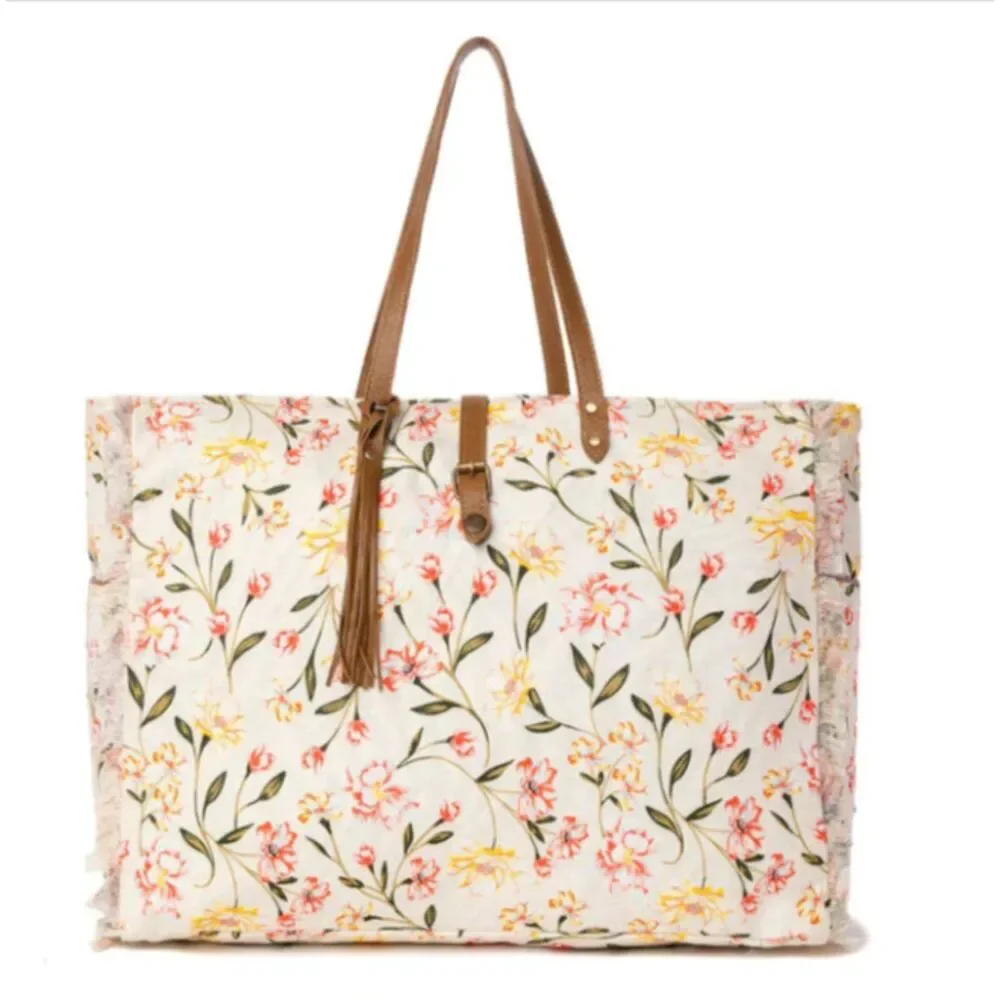 NWT Myra Western Weekender Bag Brookside Blush Cream Cotton & Brown Leather